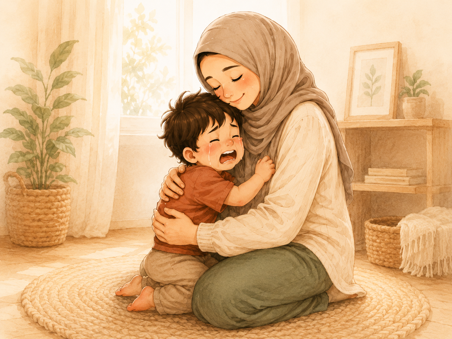 Ibu memeluk anak di rumah